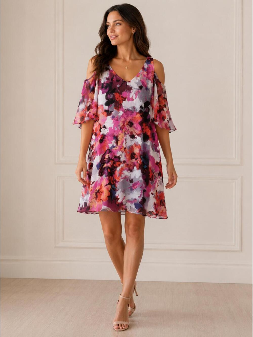 Maggy London Floral Cold Shoulder V-Neck Dress Size US 6‎